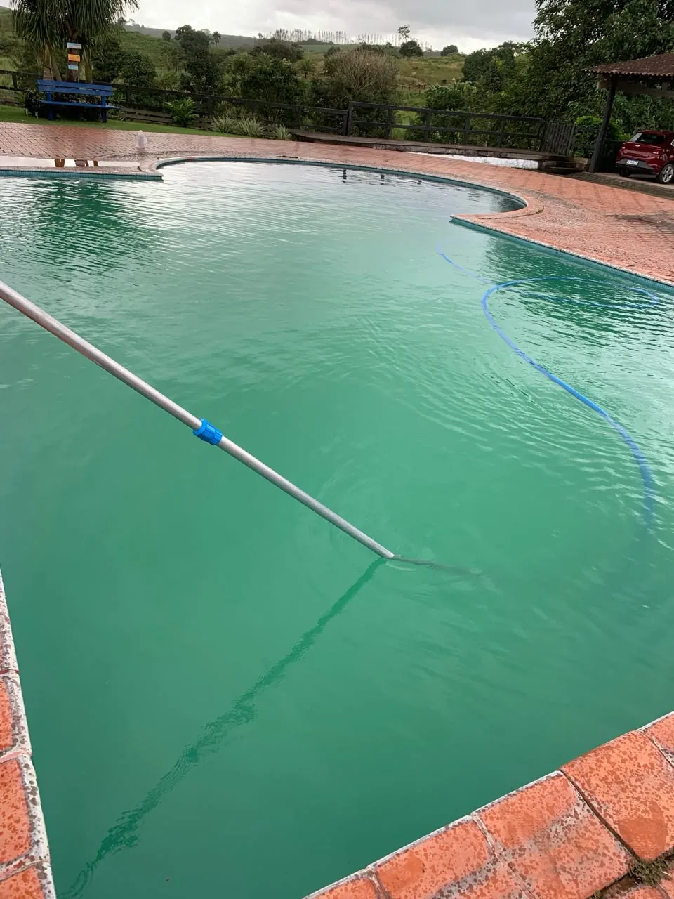 Piscina com água verde antes do tratamento